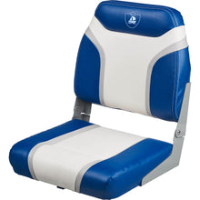Load image into Gallery viewer, NEMO Economy Low Back boat seat, standard screws, pinch hinge, 19''x16''x14" , blue/white/light grey
